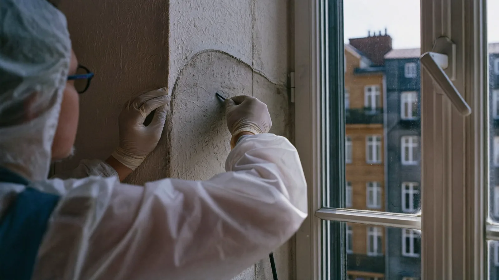 Fachkraft untersucht Schimmelbefall an einer Altbau-Innenwand